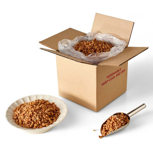 Priester's Crunchy Praline Crumble, 5 lb bulk box of praline coated pecan pieces and buttery praline candy pieces for baking, dessert toppings, and snacking.