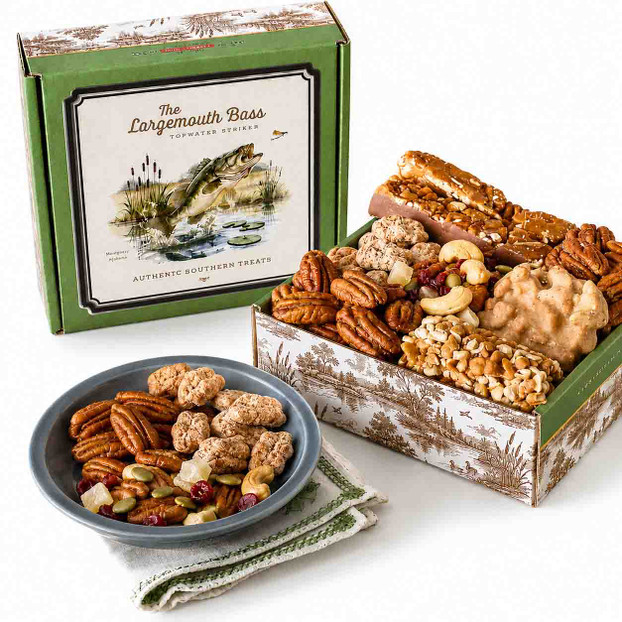 Largemouth Bass Gourmet Largemouth Bass Gift Box filled with handcrafted Southern pecan candies, gourmet pecans, trail mix, and chocolate treats