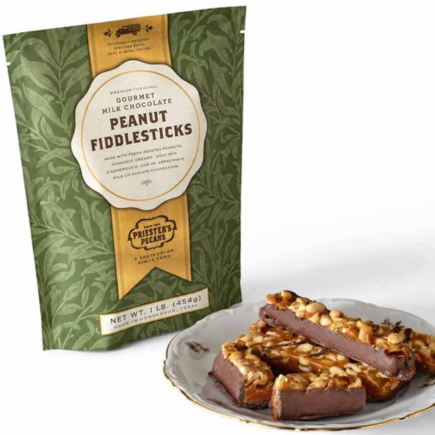 Priester’s Milk Chocolate Peanut Fiddlesticks made with Alabama peanuts, homemade caramel, and pure milk chocolate in a 1 lb gift bag.