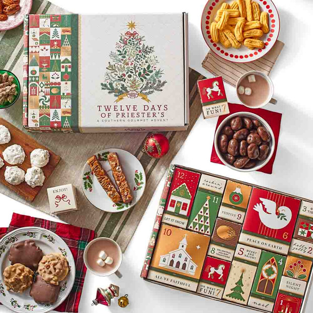 Priester’s Twelve Days gourmet food Advent calendar with numbered treat boxes, premium pecans, Southern candies, and cheese straws