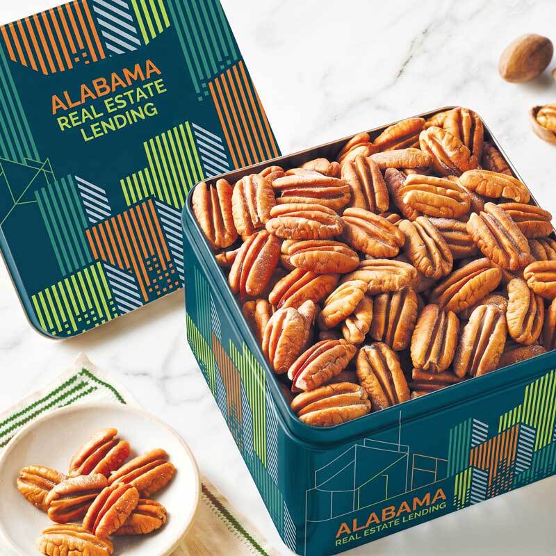 Custom branded pecan gift tin printed with a company logo