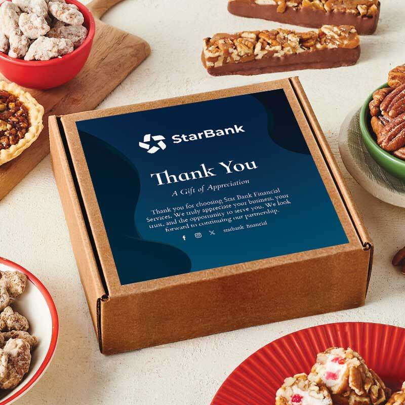 Custom printed thank-you label on a corporate gift box