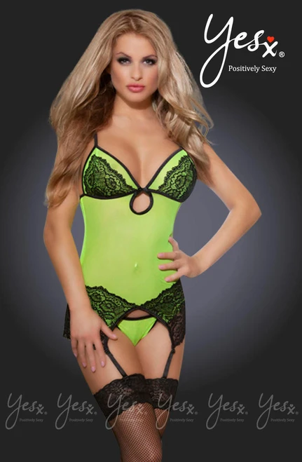 YesX Mesh Lace Dress Yellow  W/Suspender Thong Stockings