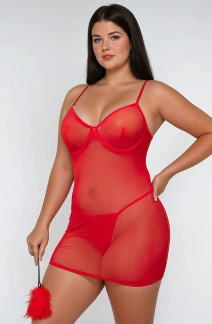 Red Mesh Strappy Lingerie Set with Lace Up Back 1