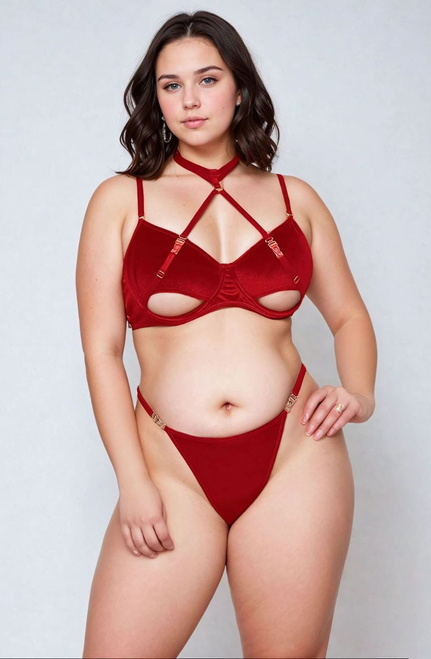  YesX Red Hollow Cut Halter Bra Set Plus Size 1