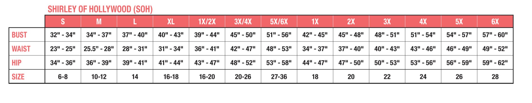 Shirley Of Hollywood Size Chart