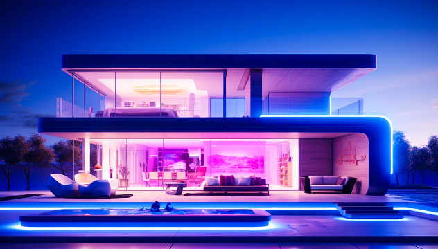 Outside of house with neon lights