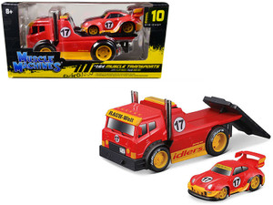 JDM Flatbed Truck #17 Red "RAUH-Welt BEGRIFF" and Porsche RWB 911 993 #17 Red "Muscle Transports" S F977-11543RD