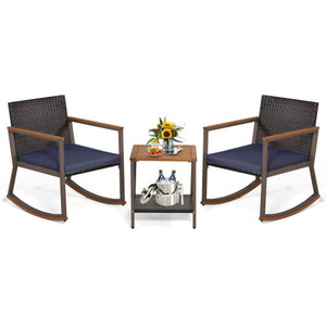 3 Pieces Rattan Rocking Bistro Set with Coffee Table and Cushions-Navy - Color: Navy D681-HW70901NY