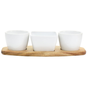 Gibson Elite Gracious Dining 4 Piece Fine Ceramic Tidbit Dish Set with Acacia Wood Base D970-127272.04