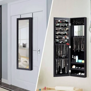 2-in-1 Black Wall or Door Mounted Jewelry Organizer Full Length Mirror Q280-BLARJWST849428563