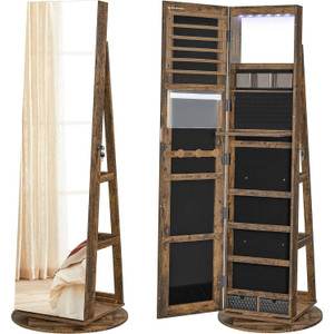 Rustic Brown Wood Jewelry Cabinet Armoire Organizer Freestanding Rotating Mirror Q280-SRBJCL219258743