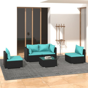5 Piece Patio Lounge Set with Cushions Poly Rattan Black A949-3102177