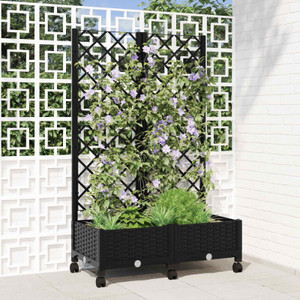 Garden planter with trellis and wheels Black PP A949-3422965