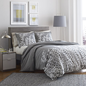 Full / Queen 100-percent Cotton Comforter Set with Grey White Floral Branch Pattern Q280-CBGCFQ568481