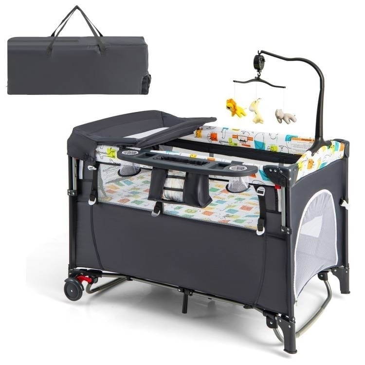 Grey Foldable Baby/Toddler Playpen Bassinet Bed Crib Music Box Q280-COBY12882