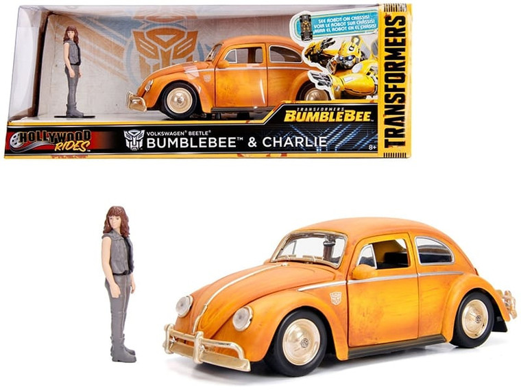 Volkswagen Beetle Weathered Yellow with Robot on Chassis and Charlie Diecast Figurine "Bumblebee" ( F977-30114
