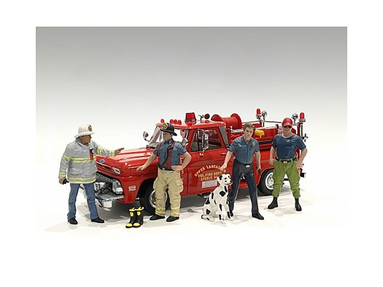 "Firefighters" 6 piece Figure Set (4 Males 1 Dog 1 Accessory) for 1/18 Scale Models by American Dio F977-76318-76319-76320-76321