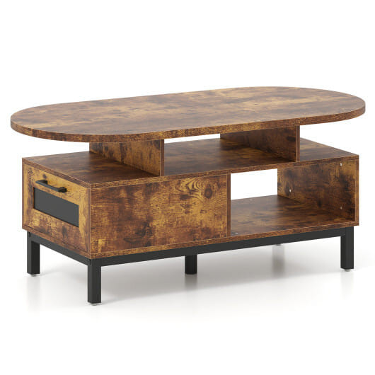 47 Inch Oval Coffee Table with Storage and Open Compartments for Living Room-Rustic Brown B593-HV10856