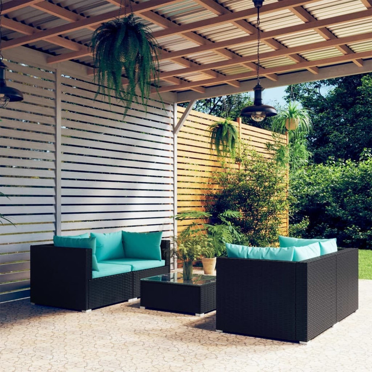 5 Piece Patio Lounge Set with Cushions Poly Rattan Black A949-3101481