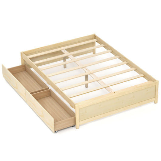 Full Size Wooden Bed Frame with 2 Rolling Storage Drawers-Natural - Color: Natural - Size: Full Size D681-HU11165NA-F