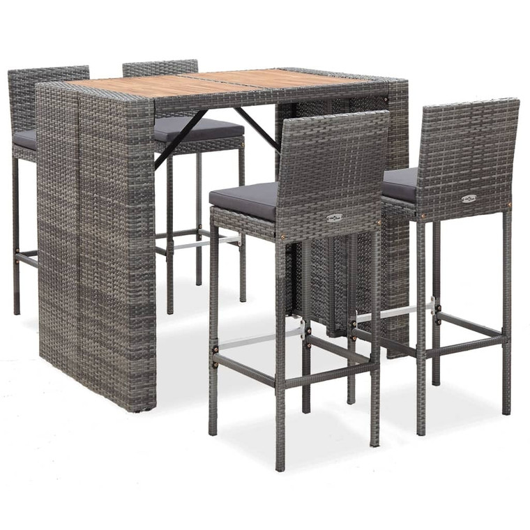 5 Piece Patio Bar Set Poly Rattan and Acacia Wood Gray A949-49565