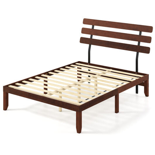 Queen Size Bed Frame 15.5 Inch Solid Wood Platform Bed with Retro Headboard - Color: Walnut - Size: D681-HU11013WN-Q