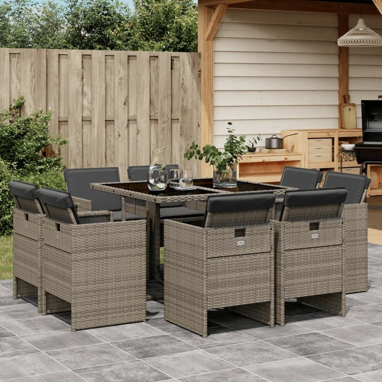 9 Piece Patio Dining Set with Cushions Gray Poly Rattan A949-3277783