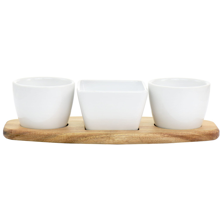 Gibson Elite Gracious Dining 4 Piece Fine Ceramic Tidbit Dish Set with Acacia Wood Base D970-127272.04