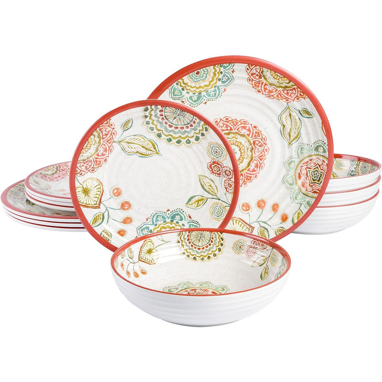 Laurie Gates Brick Floral Ripple 12 Piece Melamine Dinnerware Set in Red D970-123197.12R
