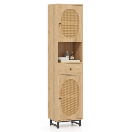 67 Inch Tall Bathroom Cabinet PE Rattan Floor Cabinet with 2 Doors-Natural - Color: Natural D681-JV11799NA