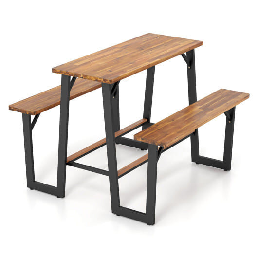 Patio Picnic Table Bench Set with Acacia Wood Tabletop and Benchtop - Color: Natural - Size: 41-50  D681-HW74115