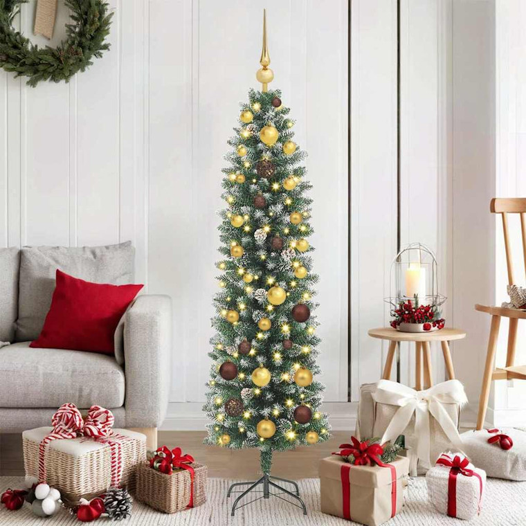 Artificial Slim Christmas Tree Green and White 59.06 in A949-3395278