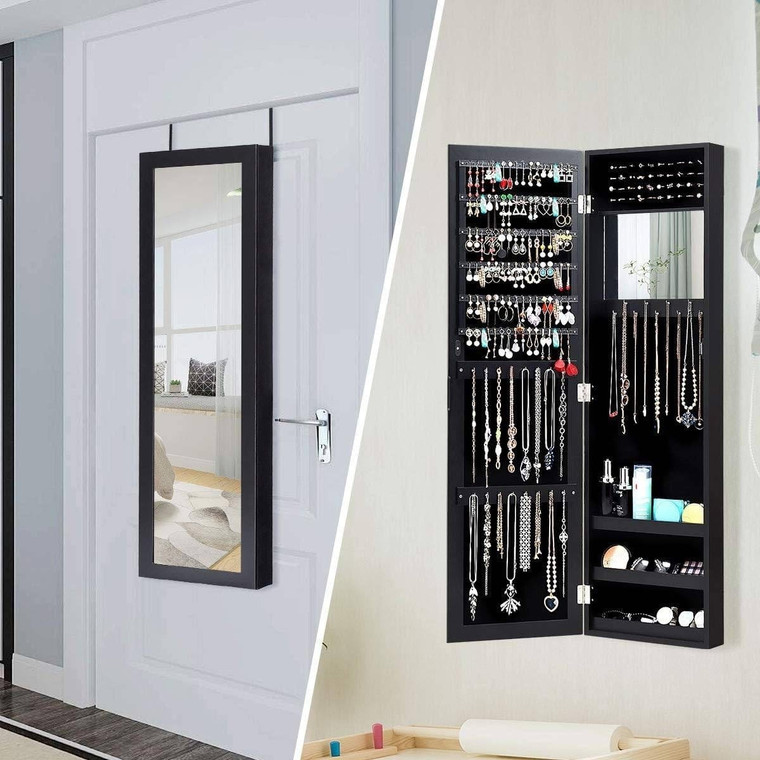 2-in-1 Black Wall or Door Mounted Jewelry Organizer Full Length Mirror Q280-BLARJWST849428563