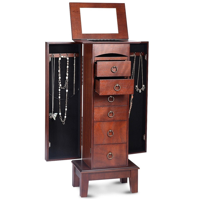 Medium Brown Wood Jewlery Armoire Storage Chest Cabinet with Mirror Q280-WJCACF38475891