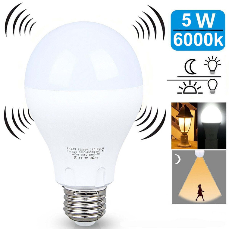COLOR: BRIGHT WHITE (DAYLIGHT),PACK: 3 -PACK - LED LIGHT BULB W/ RADAR MOTION SENSOR 180 Deg 5w/50  K290-7192733057059