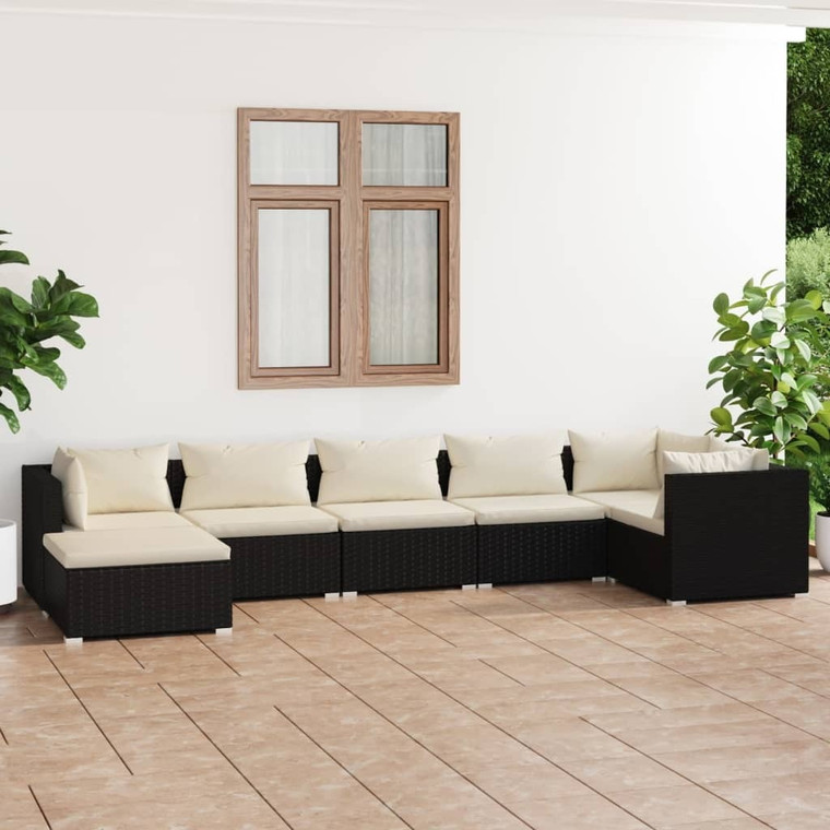 7 Piece Patio Lounge Set with Cushions Poly Rattan Black A949-3101823