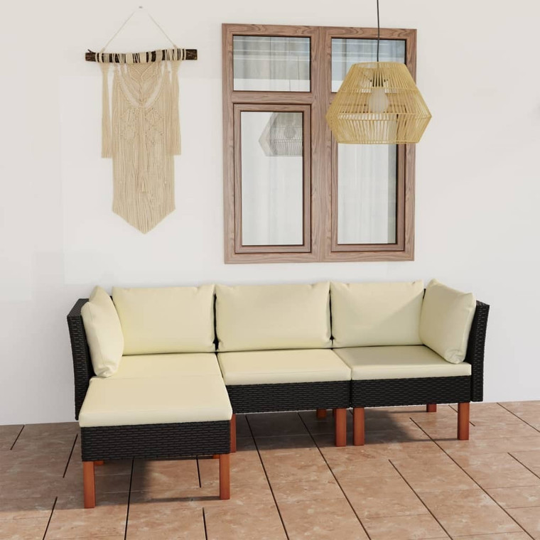 4 Piece Patio Lounge Set with Cushions Poly Rattan Black A949-3059749