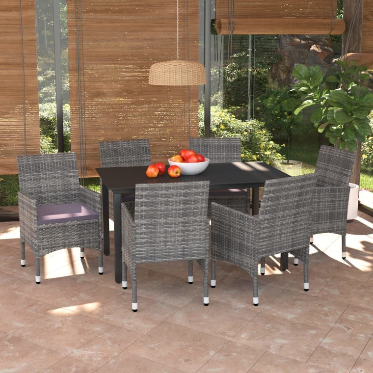 7 Piece Patio Dining Set with Cushions Poly Rattan Gray A949-3094982