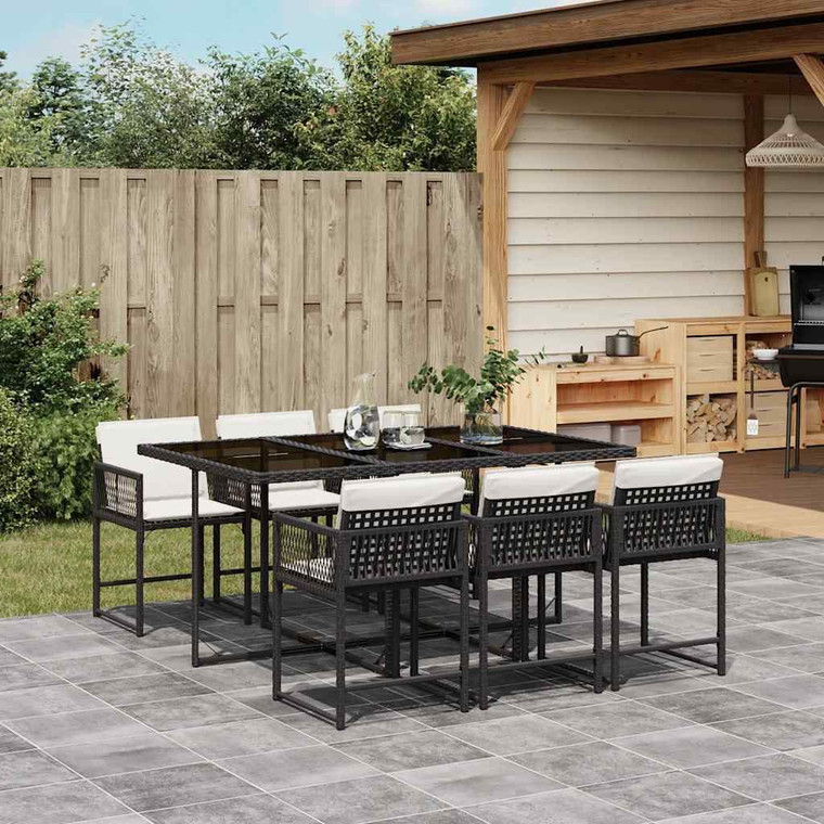 7 Piece Patio Dining Set with Cushions Black Poly Rattan A949-3211446