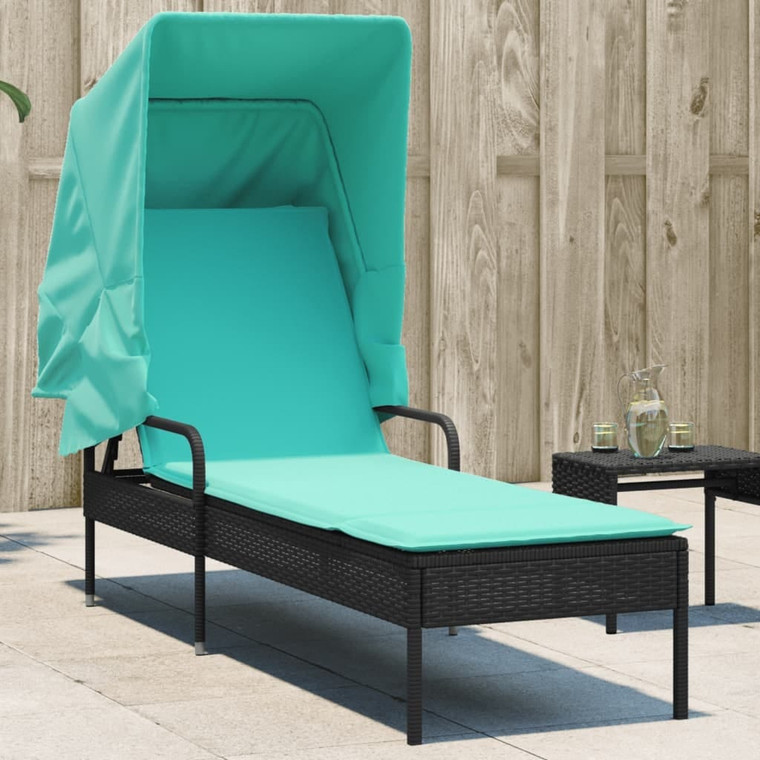 Sun Lounger with Canopy Black Poly Rattan A949-368196