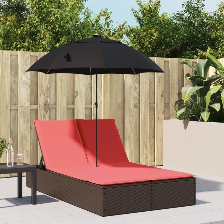 Double Sun Lounger with Cushions&Parasol Brown Poly Rattan A949-368087