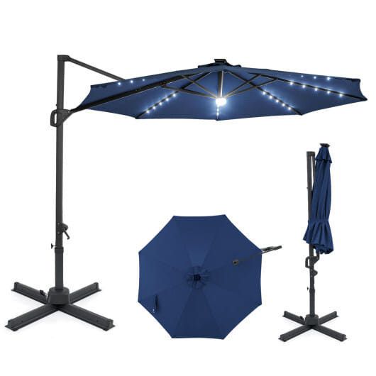 10 FT Cantilever Patio Umbrella with Solar LED Lights 360 Rotation-Navy - Color: Navy D681-NP13283NY