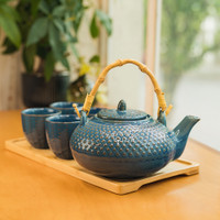 Cobalt Hobnail Ceramic Teapot Set with Bamboo Tray