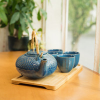 Cobalt Hobnail Ceramic Teapot Set with Bamboo Tray