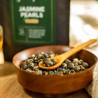 Jasmine Pearls loose leaf green tea from The Jasmine Pearl Tea Co. Jasmine Pearls loose leaf green tea from The Jasmine Pearl Tea Co.