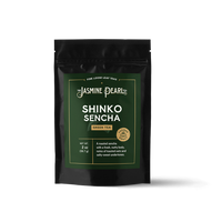 2 oz. packaging for Shinko loose leaf green tea from The Jasmine Pearl Tea Co.