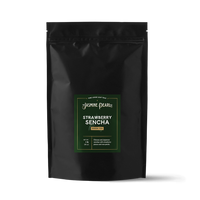 1 lb. packaging for Strawberry Sencha loose leaf green tea from the Jasmine Pearl Tea Co.