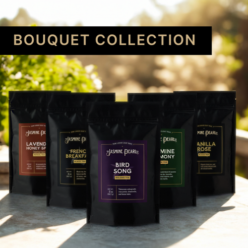 The Bouquet Collection from The Jasmine Pearl Tea Co. includes five loose leaf teas perfect for any special occasion: Bird Song, French Breakfast, Jasmine Harmony, Lavender Honey Spice, and Vanilla Rose.