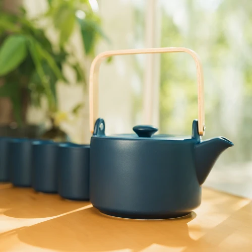 Modern Matte Tea Set with Bamboo Tray - Navy